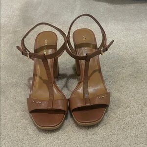 COACH Brown Leather T-Strap Block Heel Sandals